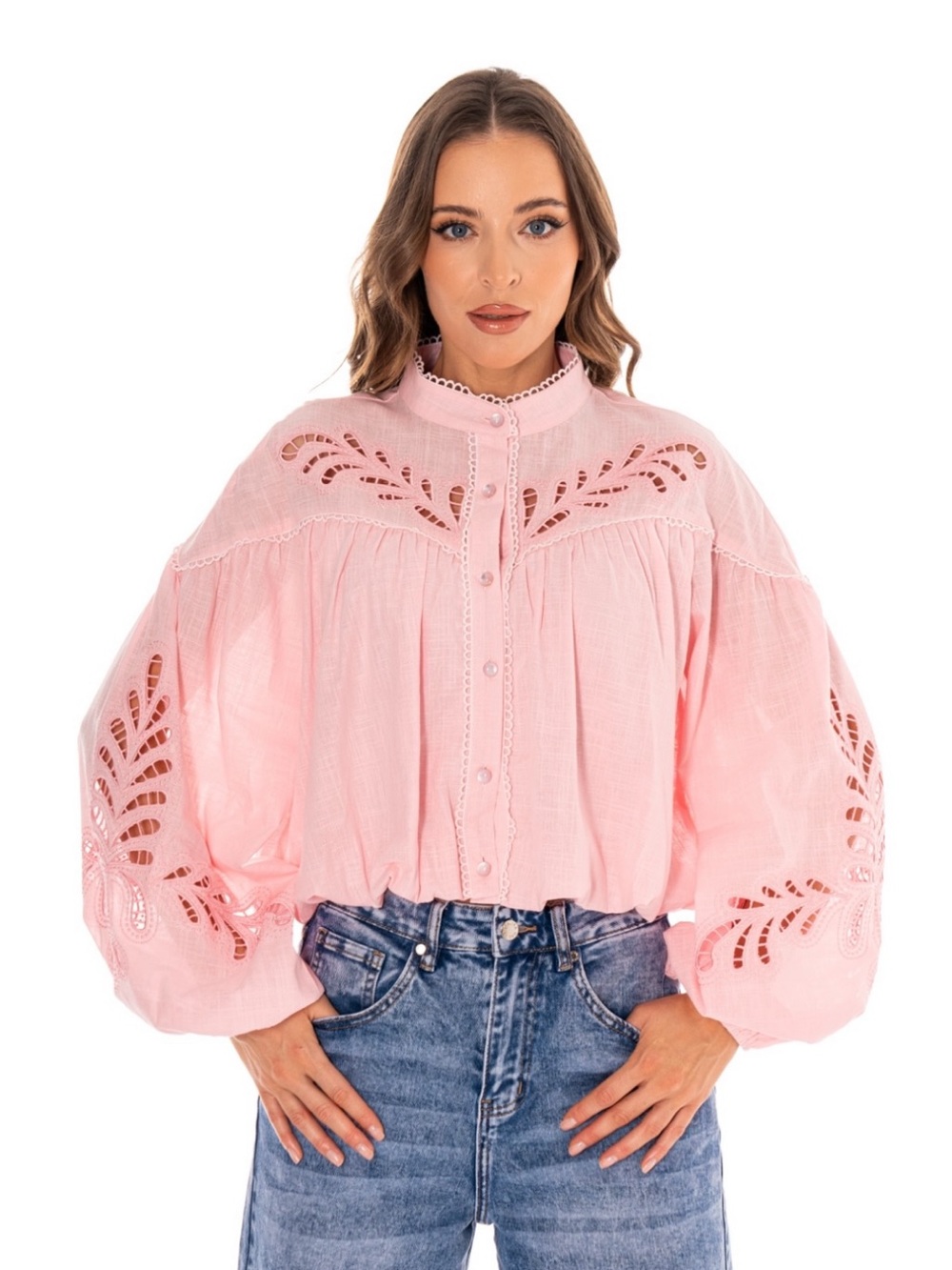 Pink Boho Lace Cutout Long Sleeve Blouse